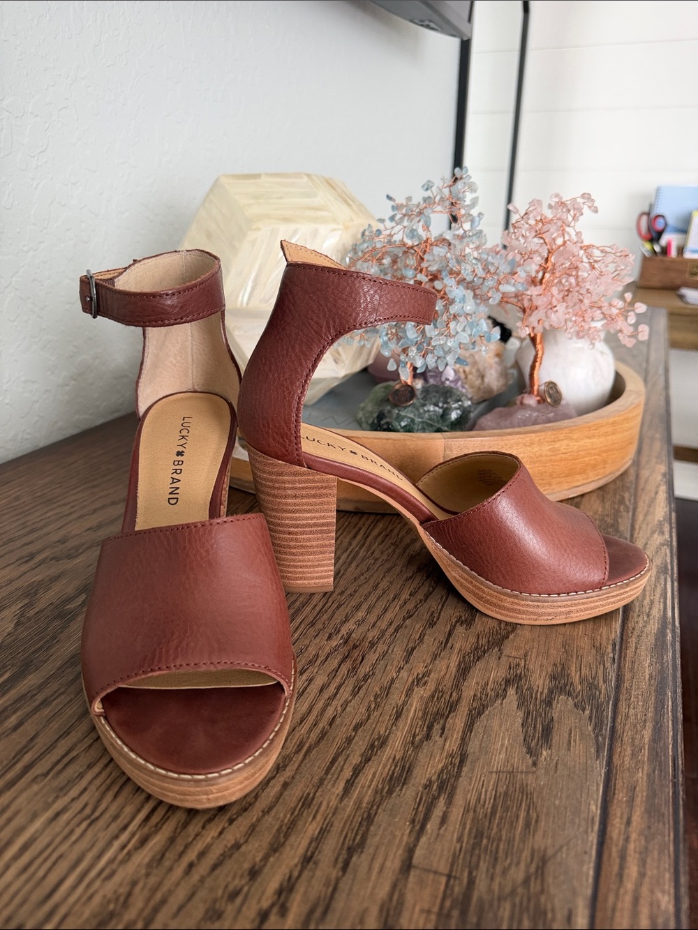 Lucky Brand Cognac Brown Leather Block Heel Sandals